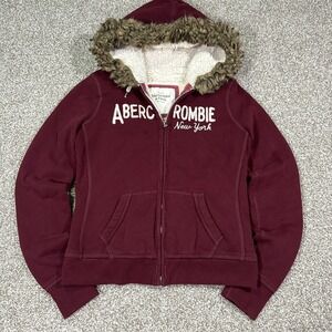 Abercrombie Faux Fur ZIPUP Jacket Burgundy Rare Size Large Y2K Essentials Heavy